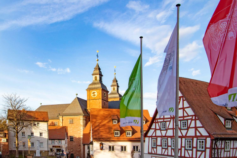 Blick vom Rathaus in Walldürn zu Basilika St. Georg